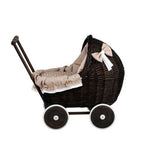Dark Painted Wicker Doll Pram – Beige Bedding