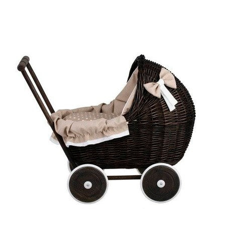 Dark Painted Wicker Doll Pram – Beige Bedding