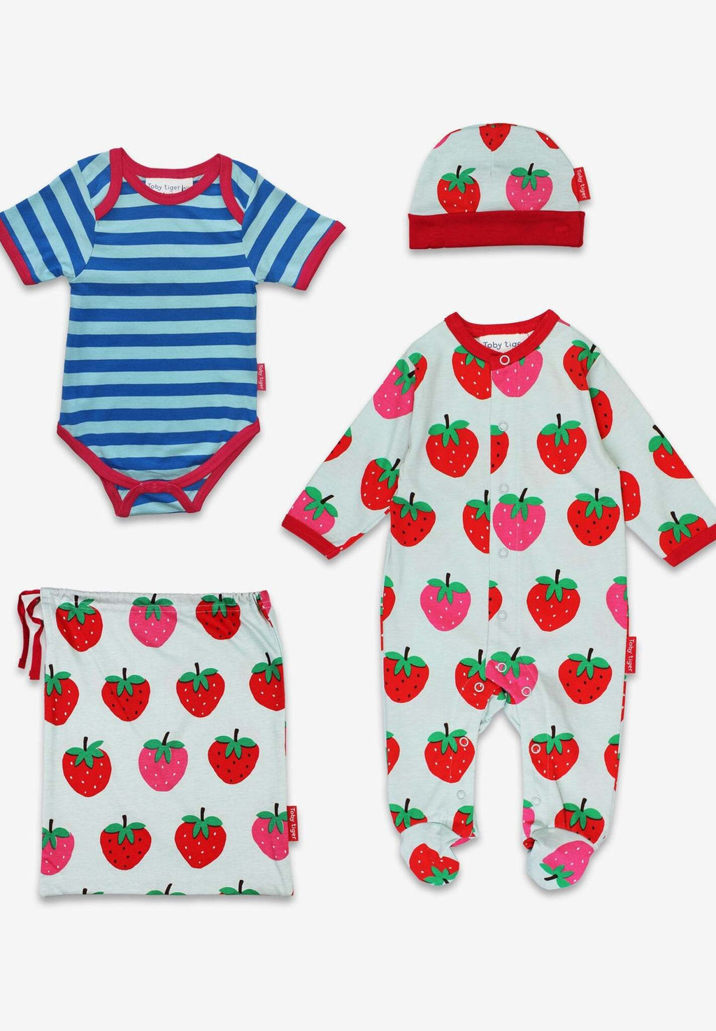 Baby-Geschenkset aus Bio-Baumwolle mit Strampler, Mütze und Body mit Erdbeermuster