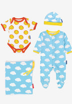 Babygeschenkset aus Bio-Baumwolle mit Strampler, Mütze und Body mit Sonnen- und Wolkenmuster