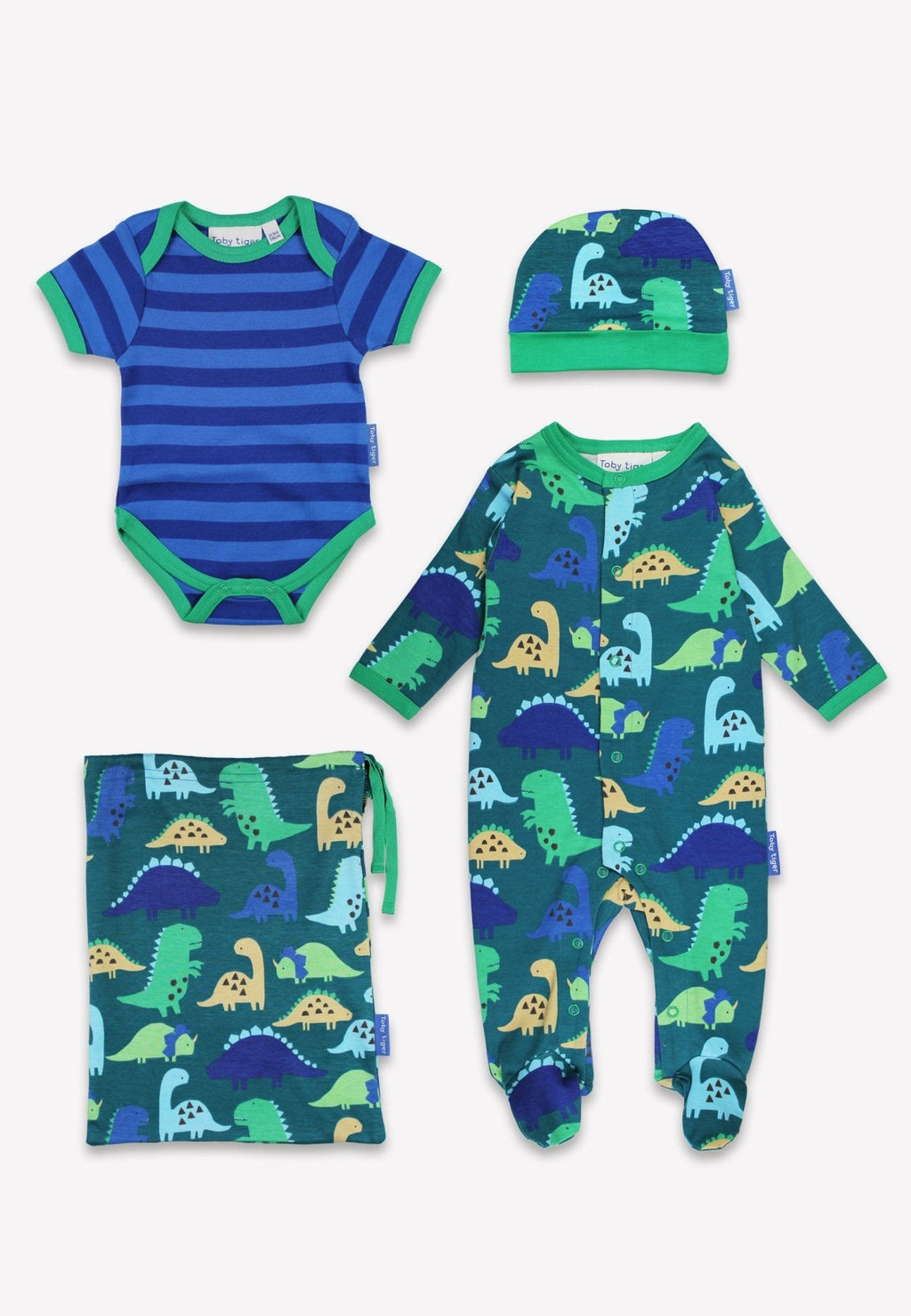 Coffret cadeau bébé en coton bio avec barboteuse, bonnet et body à imprimé dinosaure ton sur ton