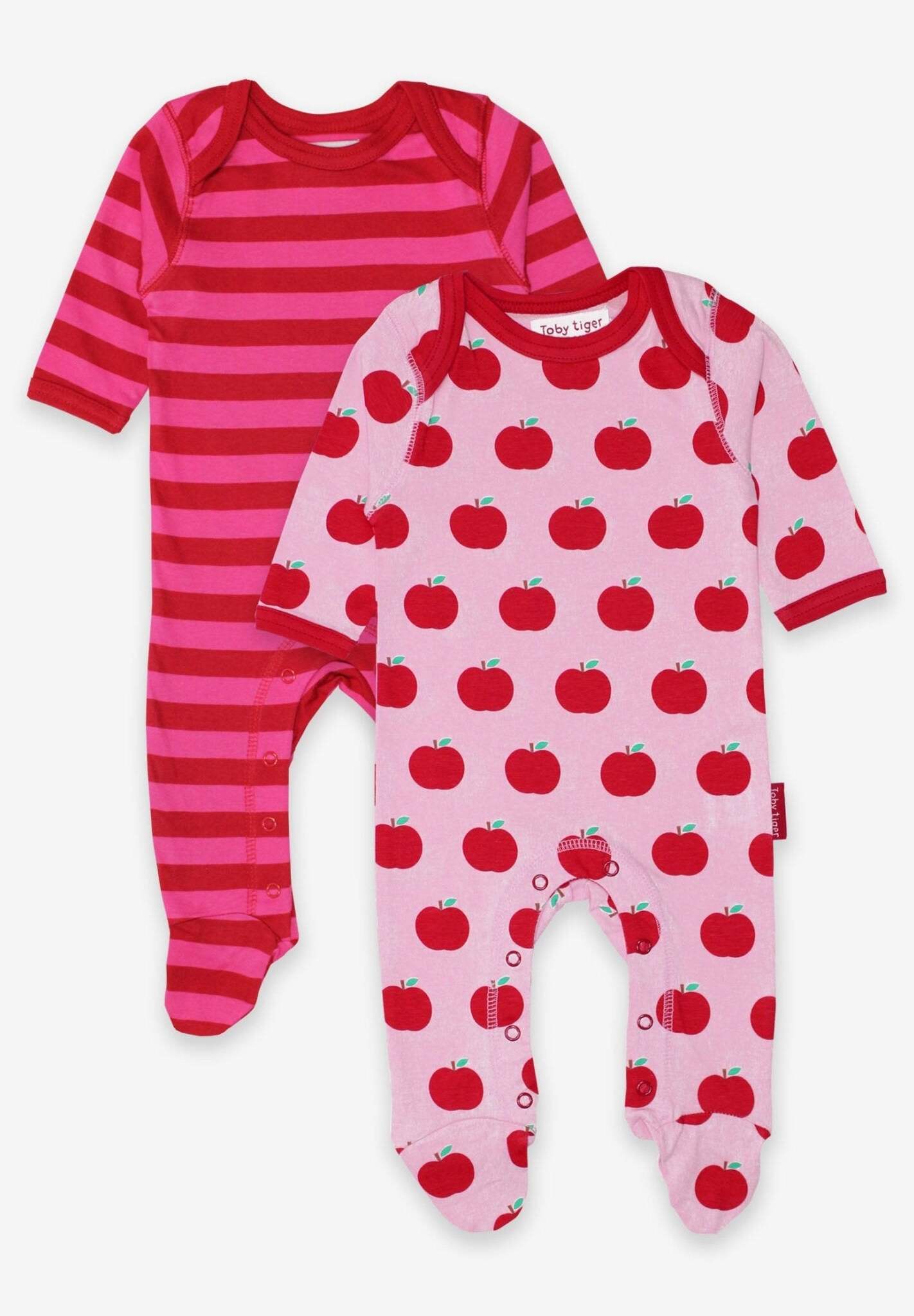 Barboteuse bébé en coton bio imprimé pommes et rayures, lot de 2