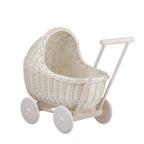Whitewashed Wicker Doll Pram – Beige Bedding