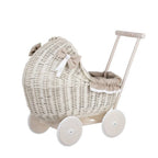Whitewashed Wicker Doll Pram – Beige Bedding