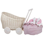 Whitewashed Wicker Doll Pram Luna – Pink Bedding