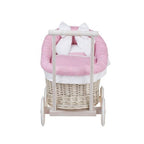 Whitewashed Wicker Doll Pram Luna – Pink Bedding