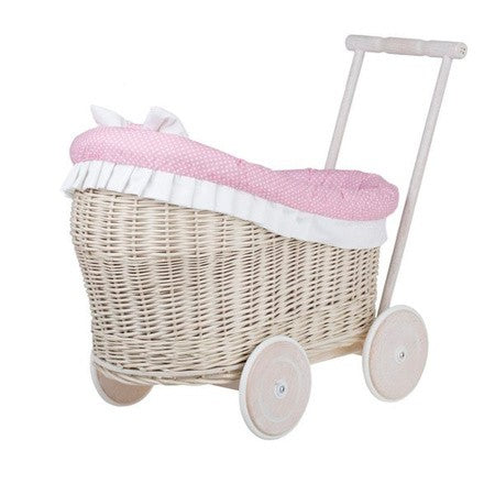 Whitewashed Wicker Doll Pram Luna – Pink Bedding