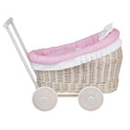 Whitewashed Wicker Doll Pram Luna – Pink Bedding